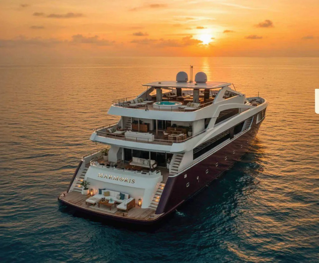 MARMORIS, a 40-metre luxury liveaboard yacht in the Maldives, featuring elegant interiors and spacious decks for an exclusive ocean experience.